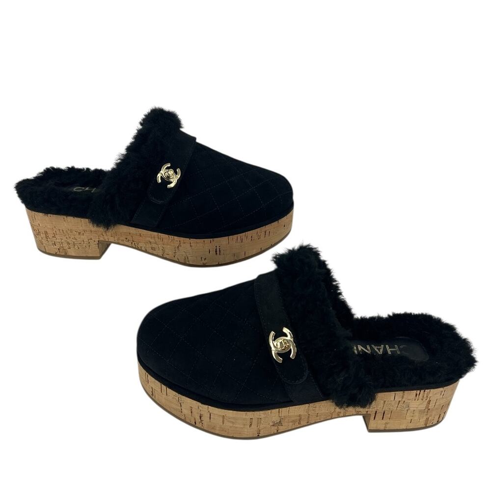 Chanel 21A Black Shearling CC Turn Clasp Quilt Cork Mules - Picture 7 of 14